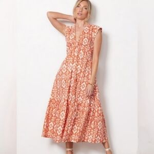 BB Dakota Orange Patterned Deep V Neck Tiered Midi Dress Size Small